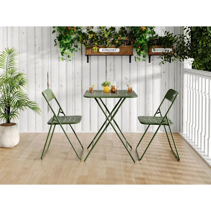 Bistro-Set aus Stahl, klappbar, 3-teilig mit 2 Stühlen, Tisch 60x60x73 cm, Grün – Bild 1