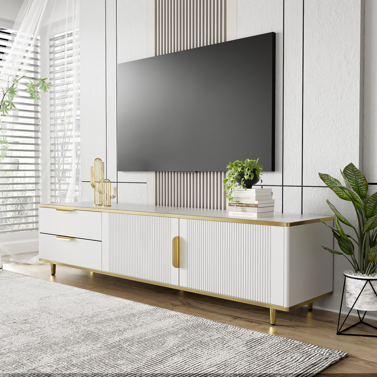 Moderner TV-Schrank 175 cm x 40 cm x 45 cm aus hochwertigem Material in Weiß mit goldenen Akzenten, 175x40x45cm – Bild 4