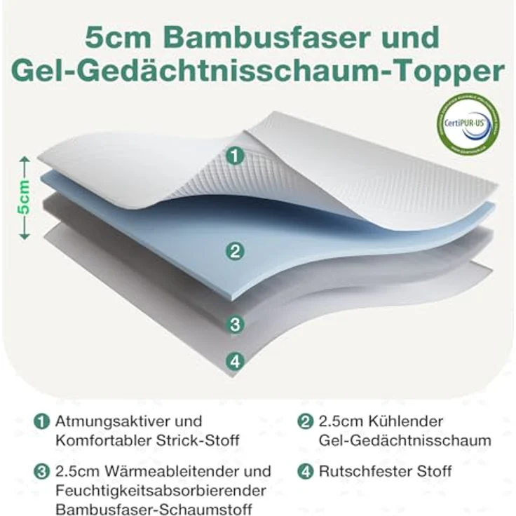 Novilla Matratzen Topper 180x200 5cm Höhe Gel Topper Memory Foam MatratzenTopper für Boxspringbett Wohnwagen Schlafsofa Matratzenauflage Bezug Waschbar Oeko-TEx – Bild 3