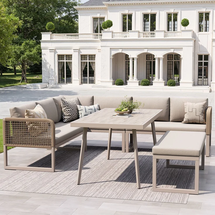 Merax Gartenmöbel Set mit Sitzkissen & Rückenkissen, Garten-Lounge-Set, Garten Loungesessel für 6-8 Personen, SetHandgeflochtene PE-Rattan Polstergruppe, Beige – Bild 3
