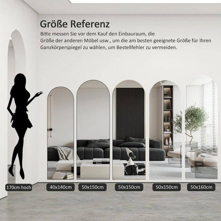 Hopibath Wandspiegel ganzkörper 180x80 150x50 160x40 140x40 mit Alurahmen (Ganzkörperspiegel Bogenspiegel, Schwarz Rechteckig, Weiß Oval), für Schlafzimmer Wohnzimmer Garderobe Flur Friseurladen – Bild 2
