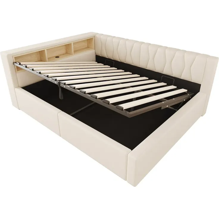 Schlafsofa mit LED-Streifen, Lattenrost, Regal, Rückenlehne, Aufbewahrung, Type-C und USB, 140x200 cm, Polsterbett, Stauraumbett, Tagesbett, Leinen – Bild 7