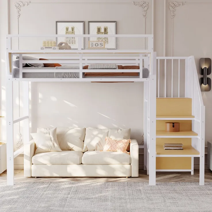Hochbett 90x200 mit Sicherheitsleiter und flexiblem Staufach, Metallbett Erwachsenenbett Kinder-Etagenbett Weiß