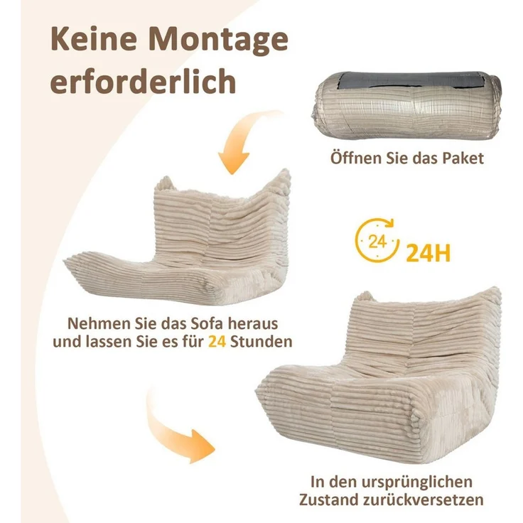 Puluomis Sitzsack XXL Riesen Beanbag Sessel 90 x 100 cm mit 30D Neuschwamm-Füllung (und seitlichen Taschen, für das Wohnzimmer beige) – Bild 4