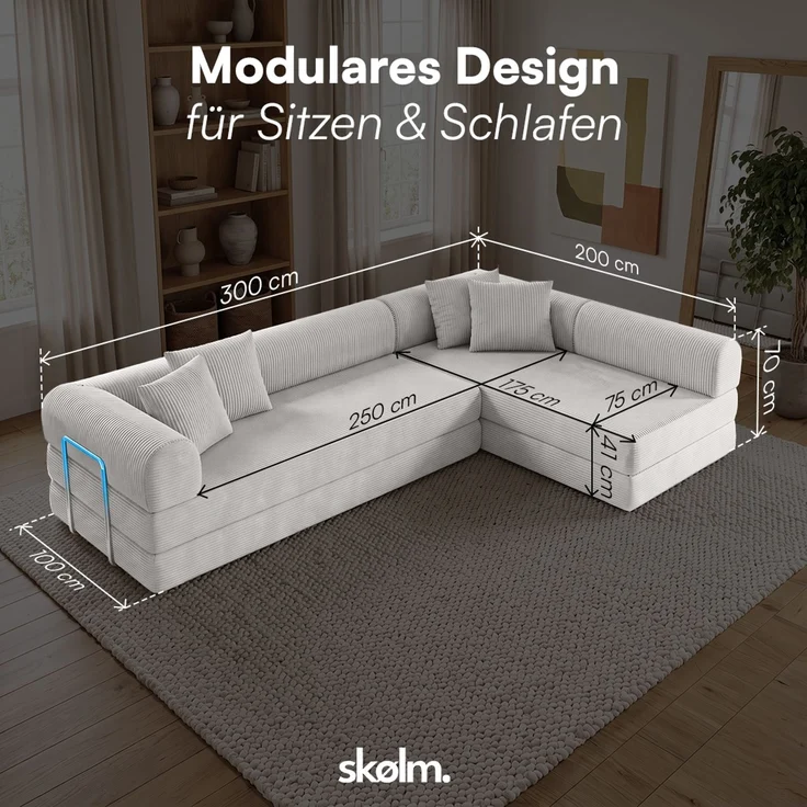 skølm 'Lofn' Modulares Sofa 4 Sitzer, 300x200 cm, Vollschaumcouch mit Metallgestell, Cord hellgrau, Schlafsofa vakuumverpackt, kein Aufbau erforderlich – Bild 9