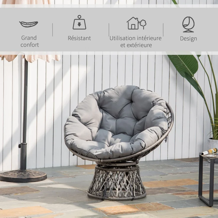 Runder Garten-Sessel, drehbarer Papasan-Sessel, Ø 97 x 86H cm, großes Kissen im Lieferumfang enthalten, Polyester-Geflecht – Bild 9