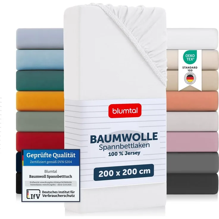 Blumtal® Spannbettlaken 200x200 cm Basics Jersey - Bettbezug 200x200 cm aus 100% Baumwolle - Oeko-TEX zertifiziertes Spannbetttuch 200x200 cm - Matratzenbezug 200x200 cm - Bettbezug - Leintuch - Weiß