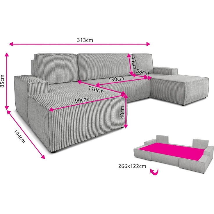 Wohnlandschaft mit Schlaffunktion Totti - U-Form Couch, Schlafsofa mit Bettkasten, Couchgranitur mit Bettfunktion, Big Sofa, Cord Stoff, Wohnzimmer (Grün (Poso 014)) – Bild 3