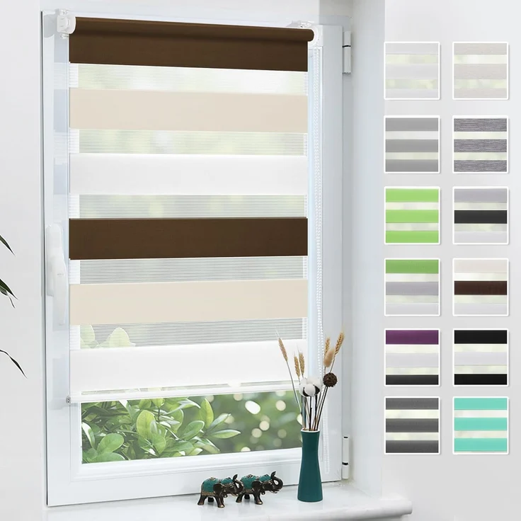 Grandekor Doppelrollo Klemmfix ohne Bohren Weiß-Beige-Braun 75x150 cm(Stoffbreite 71cm) Fenster Rollos für innen Klemmrollos Duo Rollos für Fenster ohne Bohren mit Bohren Privatschutz Zebrarollo – Bild 1