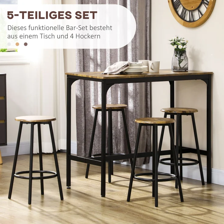 Bartisch Set 5-tlg mit 4 Barhockern Küchentisch im Industriedesign rustikal-braun Metall Essgruppe für Küche & Bar – Bild 4
