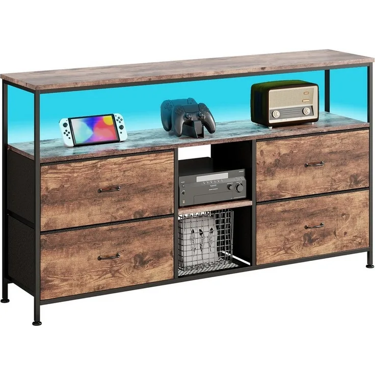 FUROKOY TV-Schrank Lowboard TV-Bank mit LED-Beleuchtung (Fernsehschrank Sideboard-Schrank mit 3 Regal und 4 Stoff Schubladen, für Wohnzimmer Schlafzimmer, Tigerfellfarbe, 108 x 29.8 x 76.8cm)