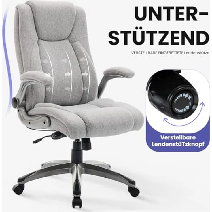 MALOL Ergonomischer Bürostuhl, Schreibtischstuhl aus Kunstleder mit elegantem Design, aufblasbarer Lendenstütze, Federkern-Sitzkissen, klappbaren Armlehnen, für Büro & Homeoffice, Grau – Bild 5