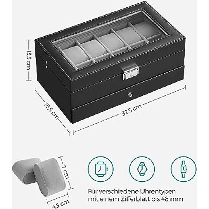 SONGMICS Uhrenbox Uhrenkasten, mit 2 Ebenen, 12 Fächer und 1 Schublade – Bild 7