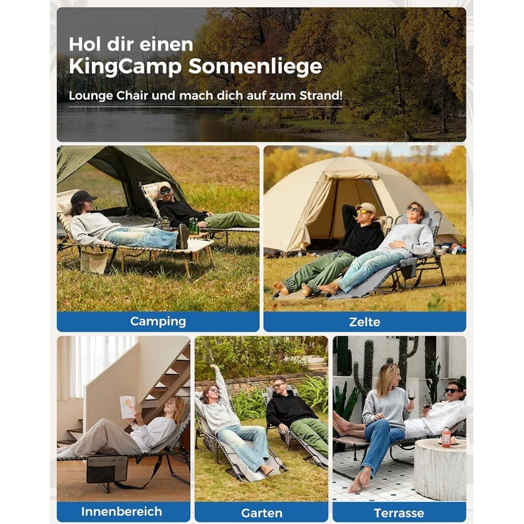KingCamp Sonnenliege Klappbar 2er Set Gartenliege Campingliege 5-Stufig Verstellbarer Rückenlehne Liege Gartenstuhl Strandliege Camping Klappbett mit Kopfkissen für Garten Urlaub Outdoor Strand Pool – Bild 8