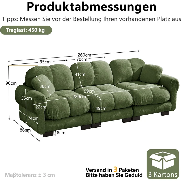 Wohnora-3-Sitzer Cloud-Sofa,inklusive 2 kleinen Dekokissen,Feines Steppdesign,Dicke Sitzkissen,Weich und Stützend,Ergonomisch geformte Rückenlehne,Einfach Aufzubauen,geeignet für das Wohnzimmer,grün,H 90cm x T 260cm x B 86cm – Bild 2