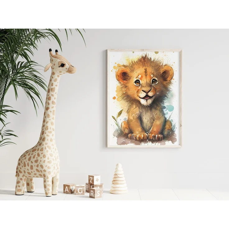 Poster Kinderzimmer Tiere Wald Dschungel Aquarell Löwe Elefant · Kinderzimmer Bilder · Wand Deko · Kunst Druck · Deko Print · ohne Rahmen - Löwe / 60x90 cm