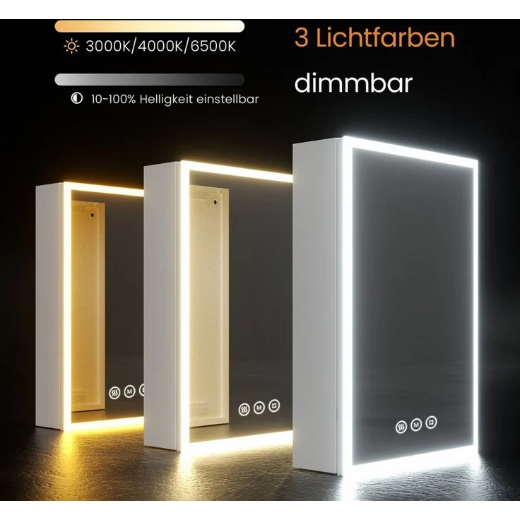 EMKE Spiegelschrank bad mit beleuchtung Badezimmerspiegelschrank Touch (1 türig) (Touch Schalter) mit Ablage und Steckdose, 3 Lichtfarben Dimmbar Antibeschlag – Bild 3