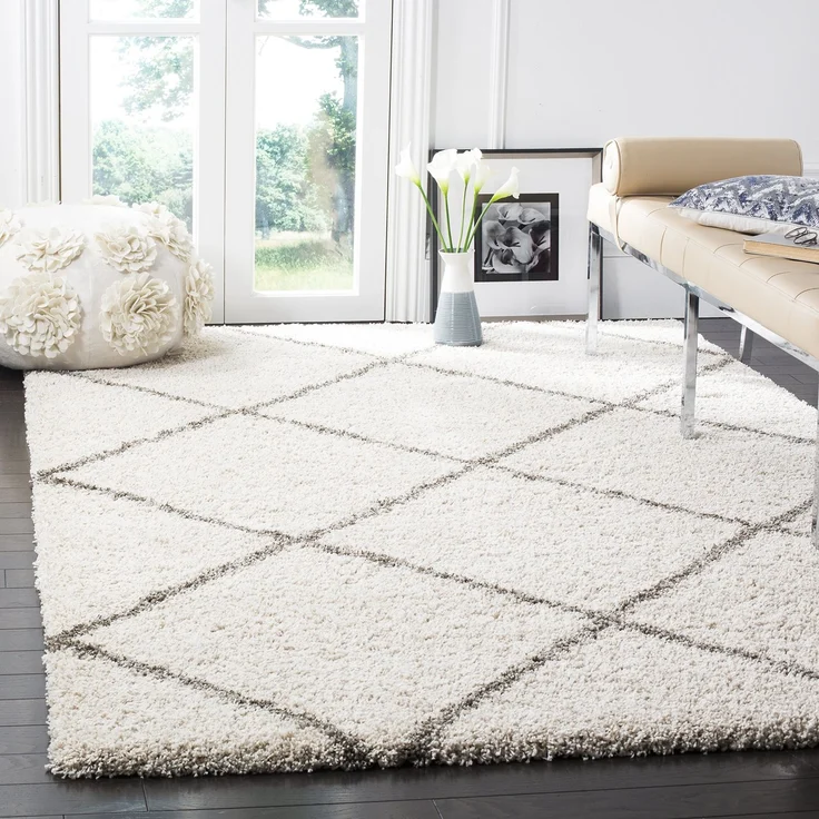 Safavieh Zottelig Teppich für Wohnzimmer, Esszimmer, Schlafzimmer - Hudson Shag Collection, Hoher Flor, Elfenbein und Grau, 155 X 229 cm