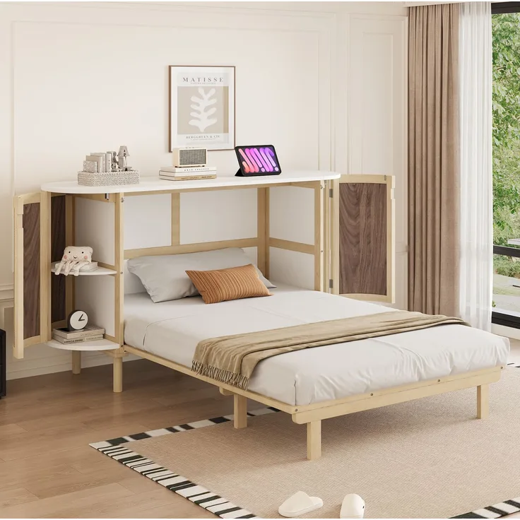 Wandschrankbett 140x200 cm, klappbar, mit Staufächern und Rattan-Front in Naturholz/Weiß