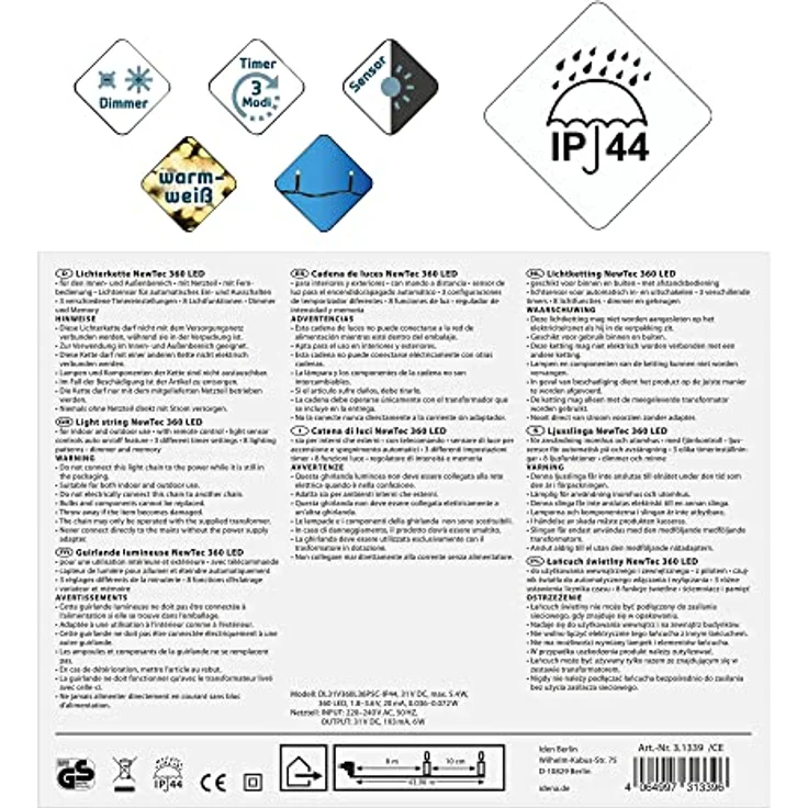 Idena 31339 - LED Lichterkette mit 360 LEDs in Warmweiß, mit Fernbedienung und Sensorsteuerung, Dimmer und Memoryeinstellungen, ca. 43,9 m lang, als Party Deko, Weihnachtsdeko und zur Hochzeit – Bild 3