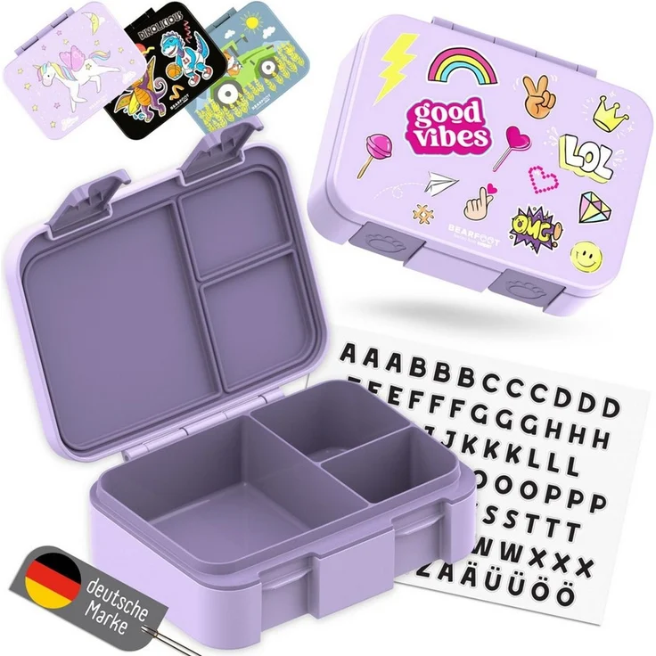 BEARFOOT Lunchbox Brotdose mit Fächern, leicht & auslaufsicher - Sticker lila, PP, ABS, Silikon, Kindergarten und Schule - Mädchen und Jungen, Vesperbox, Snackbox – Bild 1