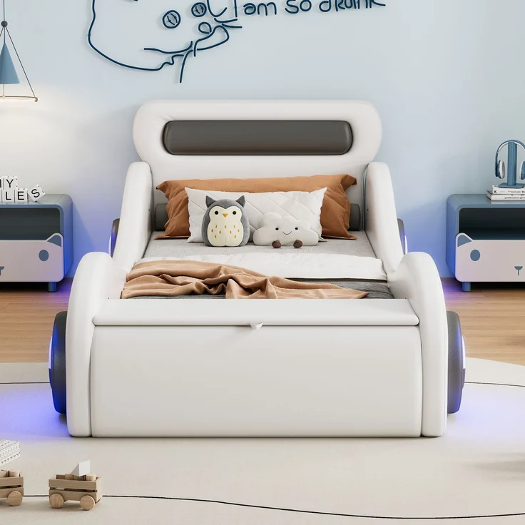 Merax Polsterbett, 90x200cm Einzelbett, Kinderbett, Jugendbett, Polsterbett in Form eines Autos mit leuchtenden Rädern und Stauraum, PU, Ohne Matratze, Weiß – Bild 5