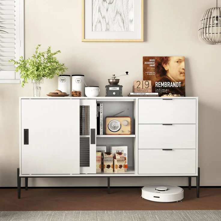 Klassisches Sideboard mit geripptem Glas und 3 Schubladen in Weiß, 160 lbs Tragfähigkeit – Bild 3