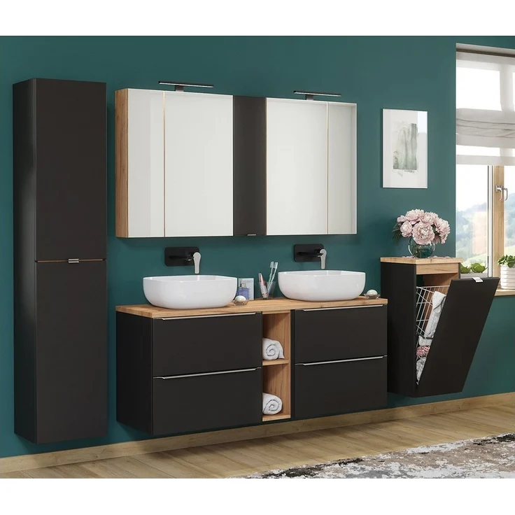 Badezimmer Unterschrank mit Wäschekorb TOSKANA-BLACK-56 in seidenmatt anthrazit B/H/T ca. 35/80/35cm – Bild 2