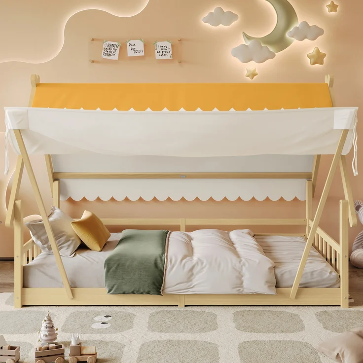 Holzbett, Kinderbett Einzelbett exquisites Holzhausdesign abnehmbares Zelt stabile Lattenroste mit Sicherheitsgeländer, Kiefer + Sperrholz, Natur, 90 x 200 cm – Bild 1
