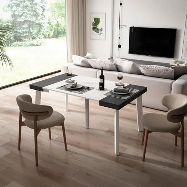 Skraut Home | Ausziehbarertisch | Multifunktionaler ausziehbarer | 160 | Für 8 Gäste | Hölzerne Beine | Moderner Stil | Weiß und Schwarz – Bild 2