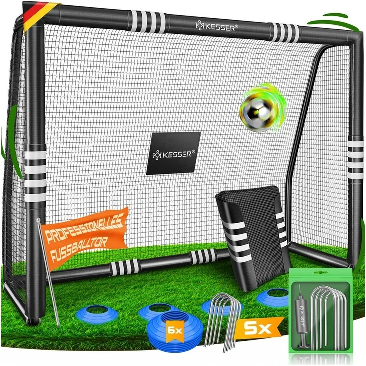 KESSER® Fußballtor mit Polsterung, Erdhaken, Luftpumpe & Hüttchen, Stahlrahmen schwarz, 180x120 cm – Bild 5
