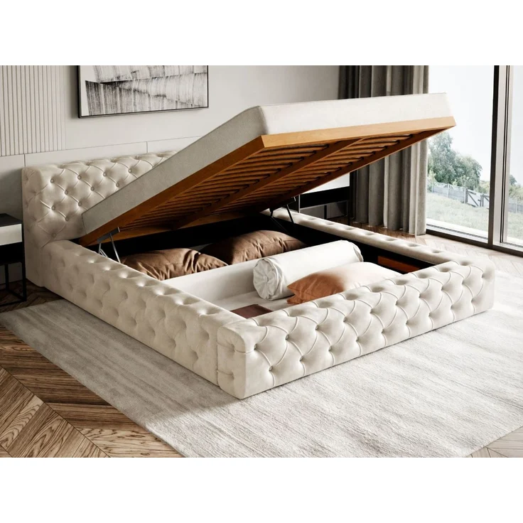 GRAINGOLD Palini Polsterbett 180x200, mit gepolstertes Kopfteil, gestepptes Bett, Bettkasten, Velour-Stoff, Beige – Bild 5