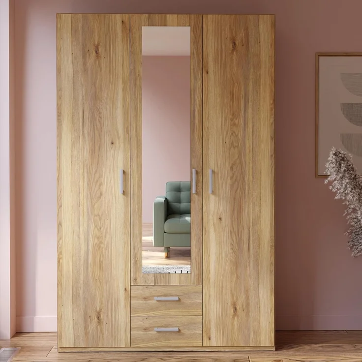 Forte ECONOBOX 2 Kleiderschrank 130 135, 3-türiger Drehtürenschrank mit Spiegel und 2 Schubladen, Holzwerkstoff, Mauvella Eiche Dekor, 133,2 cm breit, 210,5 cm hoch, 54,2 cm tief – Bild 1