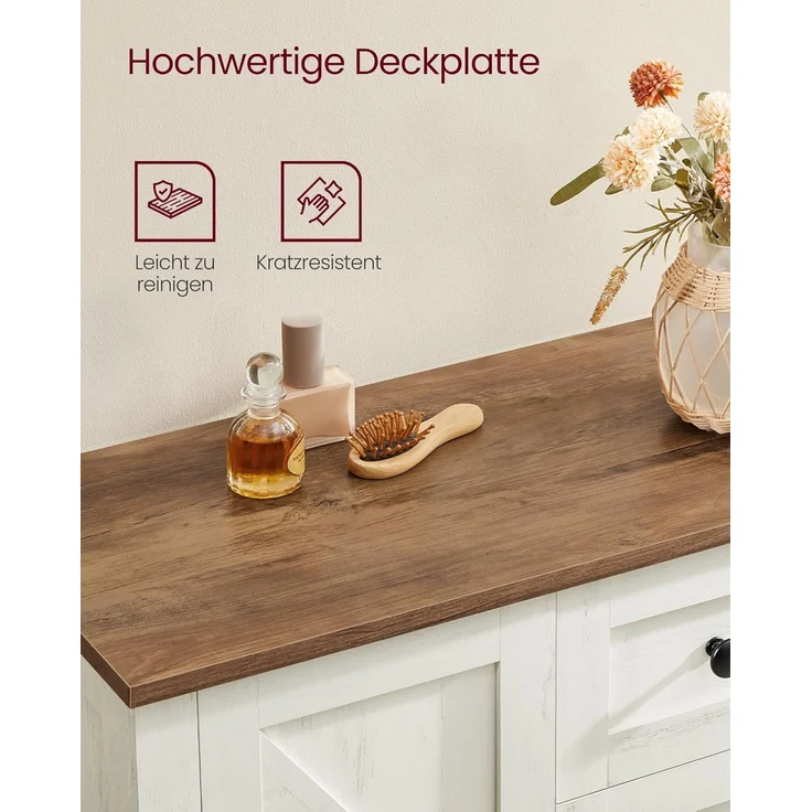 VASAGLE Aufbewahrungsschrank, LIRY Kollektion, im Landhausstil, mit 4 Schubladen, Tür, verstellbare Ablage, Holz Vintageweiß, 30 x 60 x 80 cm – Bild 5
