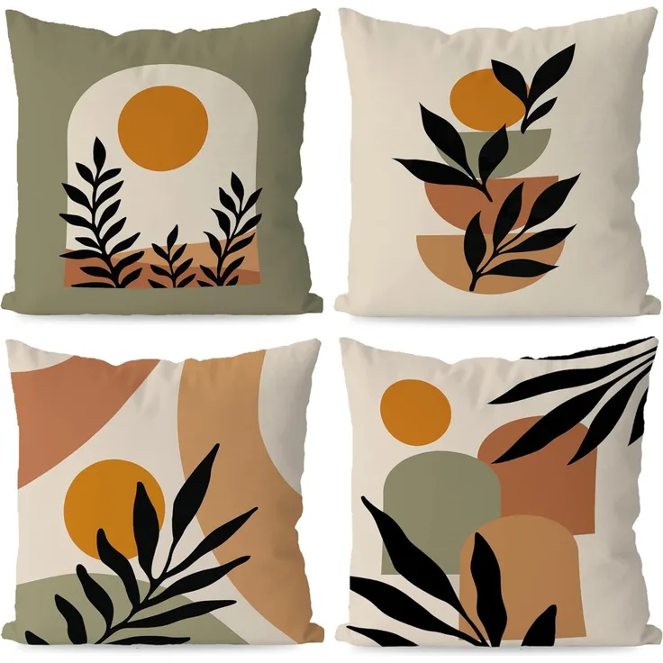 Boho Kissenbezüge 45×45 cm 4er-Set Mid-Century Sun & Leaf, Deko Kissenhüllen, Bohemian Home, Geschenk, Sofa & Bett