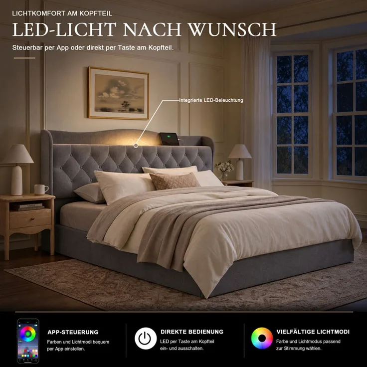 Fabato Polsterbett 160x200 cm mit hydraulischem Bettkasten, Samt-Doppelbett mit LED, USB/Type-C, Kopfteil-Ablage, Rautensteppung und Holzlattenrost, Grau