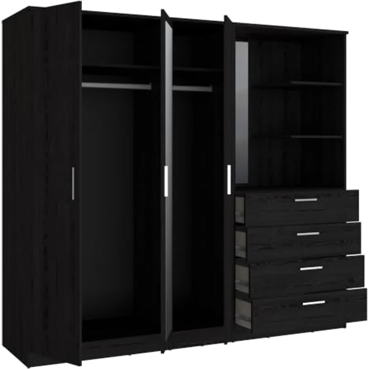Forte Panama Kleiderschrank 200, moderner Schrank mit Regalkombination, 3-türig, 4 Schubladen, 2 offene Fächer, 2 Spiegel, Cabezone Eiche Holzdekor, 199 cm breit x 181 cm hoch x 52,7 cm tief – Bild 6