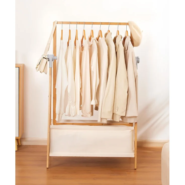 Yorbay Kleiderständer Bambus Garderobenständer mit Aufbewahrungskiste, Freistehender, (Kleiderständer mit Stoffsäcken, Faltbarer Garderobe), zum Aufbewahren von Kleidung 80 x 45 x 177 cm – Bild 8