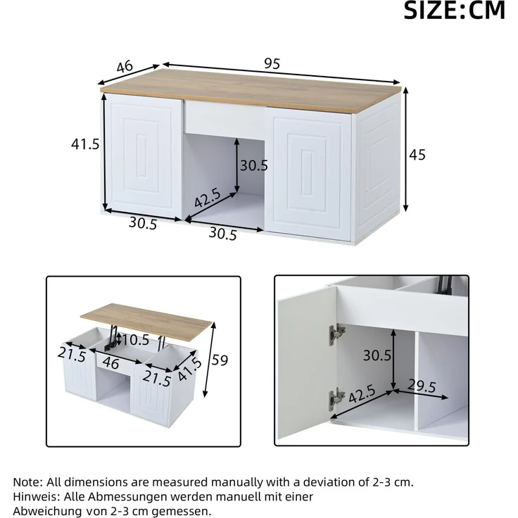 DESVIAE Couchtisch höhenverstellbar mit 2 Schranktüren 95x46x45 cm Spanplatte Weiß/Naturholz – Bild 10