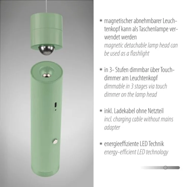 Just Light Attach, LED Akku-Pendelleuchte in Weiß, 300 lm, USB-Ladung, 3 Helligkeitsstufen, verstellbare Höhe – Bild 3