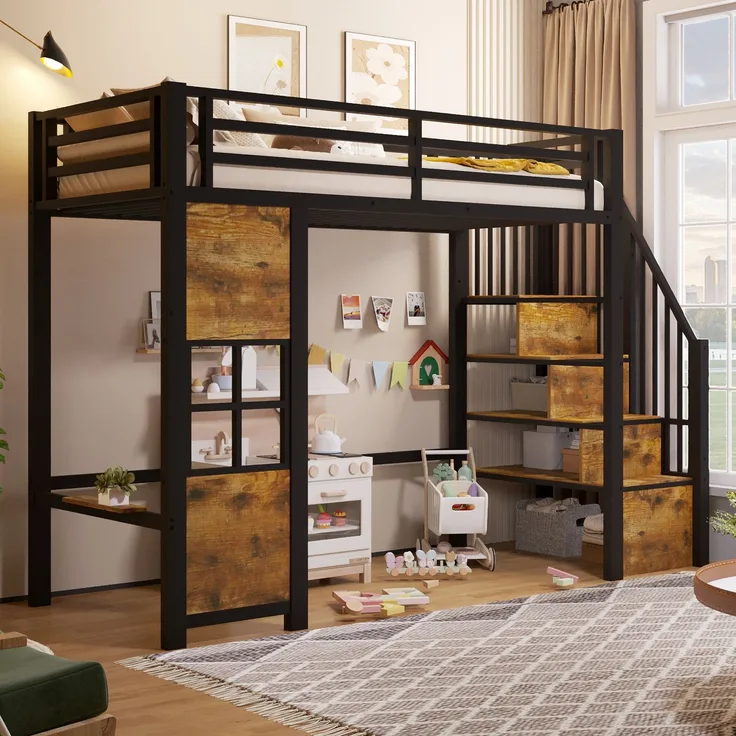 EINHOM Hochbett, 90 x 200 cm, Eisenrahmen, Ablageleiter, Offener Stauraum unter dem Bett, Fenstergestaltung, Icherheitsgeländer, Schwarz (Ohne Matratze)