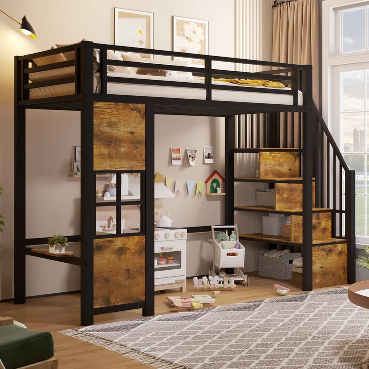 EINHOM Hochbett, 90 x 200 cm, Eisenrahmen, Ablageleiter, Offener Stauraum unter dem Bett, Fenstergestaltung, Icherheitsgeländer, Schwarz (Ohne Matratze) – Bild 1