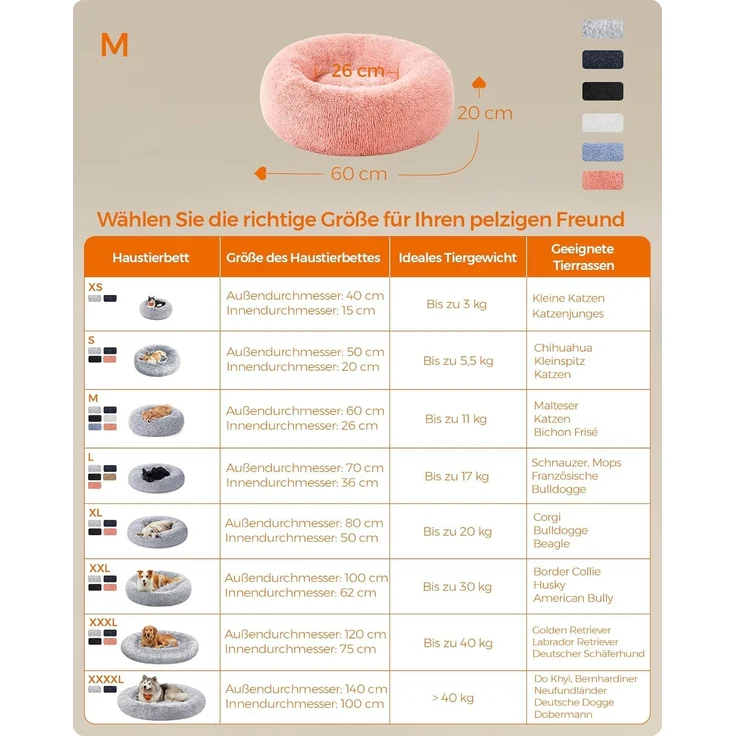 Feandrea Hundebett flauschig, Katzenbett, Donut Kissen, waschbar, Polsterung in der Mitte herausnehmbar, Langer Plüsch, 60 cm Durchmesser, rosa PGW038P01 – Bild 5