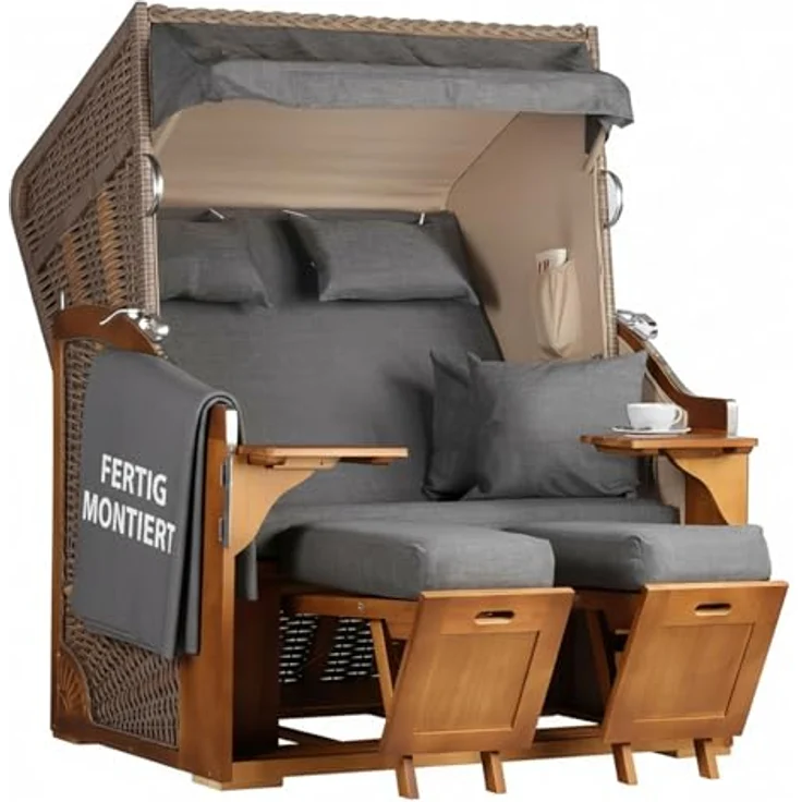 MR. DEKO Strandkorb 2-Sitzer Schleswig Pinie Braun PE Mokka, aufgebaut geliefert, BxTxH: 120x80x160 cm, 2-Sitzer, Schleswig, (Zweisitzer Strandkorb mit Bistrotischen & Fußstützen), Bereits montiert, UV-beständig, Volllieger & Edelstahl-Beschläge – Bild 2