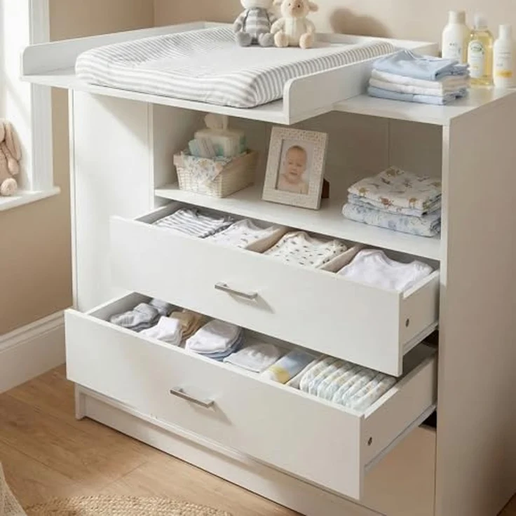 ecoMI Wickelkommode Wickeltisch Kommode mit abnehmbaren Wickelaufsatz in Weiß 113x100 cm, 3 Schubladen 1 Ablagefach 1 Tür mit 2 Fächern Abnehmbare Wickelauflage – Bild 5