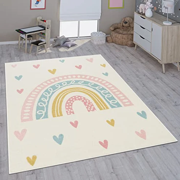 Paco Home Kinderteppich Nino 887, rechteckig, Höhe: 13 mm, Kurzflor, Spielteppich, Motiv Regenbogen & Herzen, Kinderzimmer – Bild 2