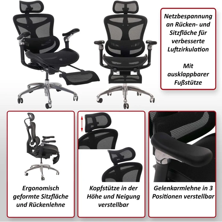SIHOO Bürostuhl, Schreibtischstuhl Drehstuhl, ergonomisch, Lordosenstütze Fußstütze 6D-verstellbare Armlehnen schwarz – Bild 2