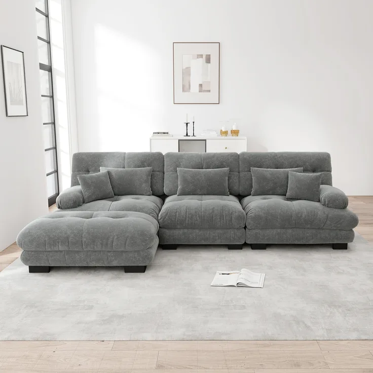 Ecksofa, Luxuriöses modulares Ecksofa Übergroßes L-förmiges Cloud Couch für Wohnzimmer tiefes Schlafsofa mit Ottoman, Cord+Chenille, Grau