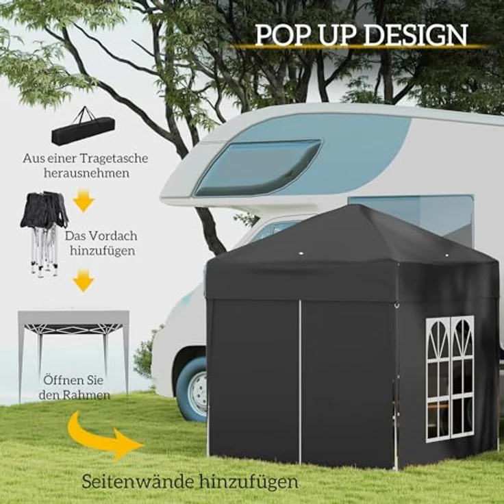 Outsunny Pavillon 2x2m, wasserdichtes Pop-up Faltzelt mit 4 Seitenwänden, Abflusslöchern und Fenster, UV 30+, tragbar, schwarz – Bild 3