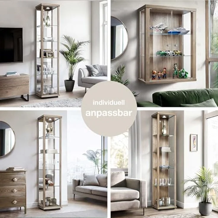 K-Möbel Hängevitrine, Sonoma Eiche, Rechteckig, Glas, 2 Fächer, 60x80x25 cm, für Wohnzimmer und Wohnwände – Bild 3